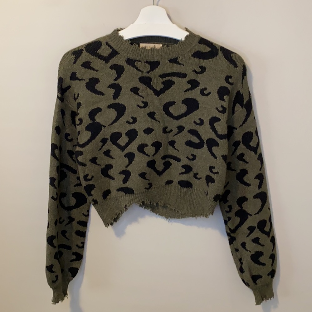 Honey Punch Army Green Leopard Cropped Sweater